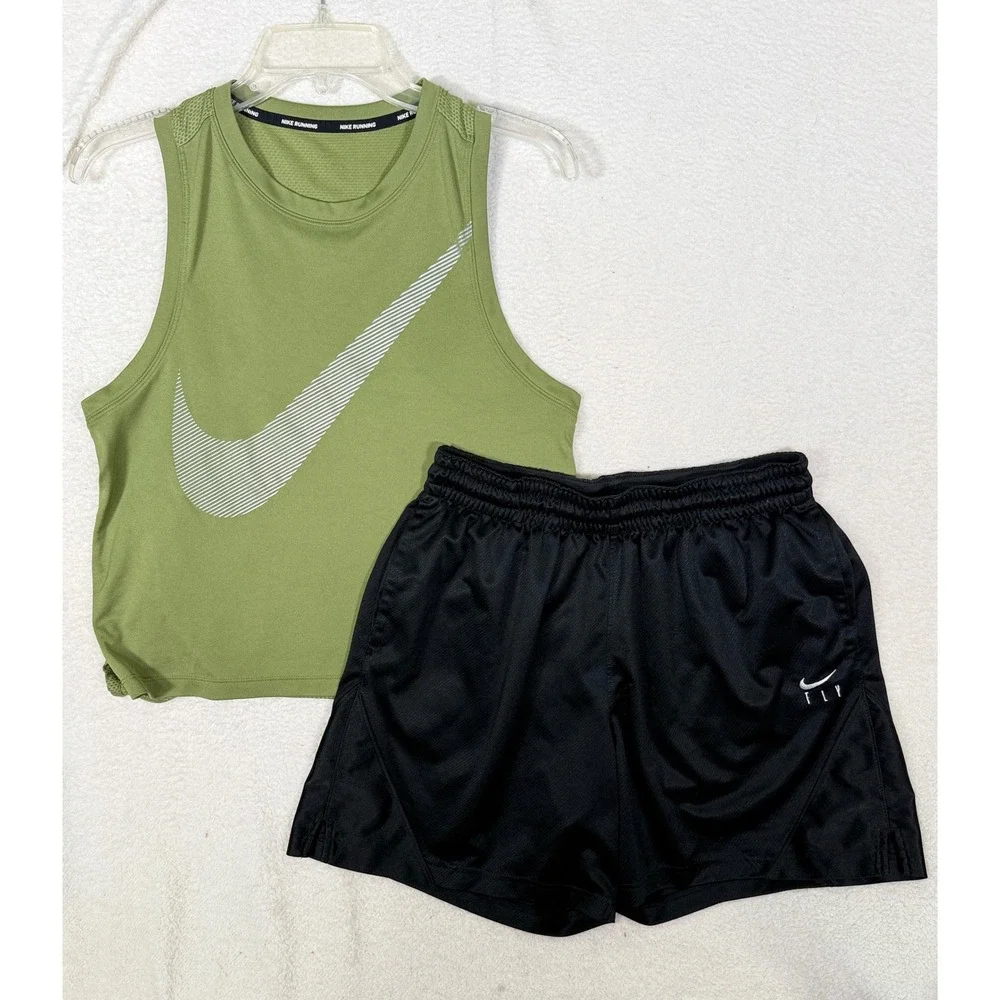 Nike Womens Dri-FIT Running Tank and Fly Shorts Set Olive Green Black Medium